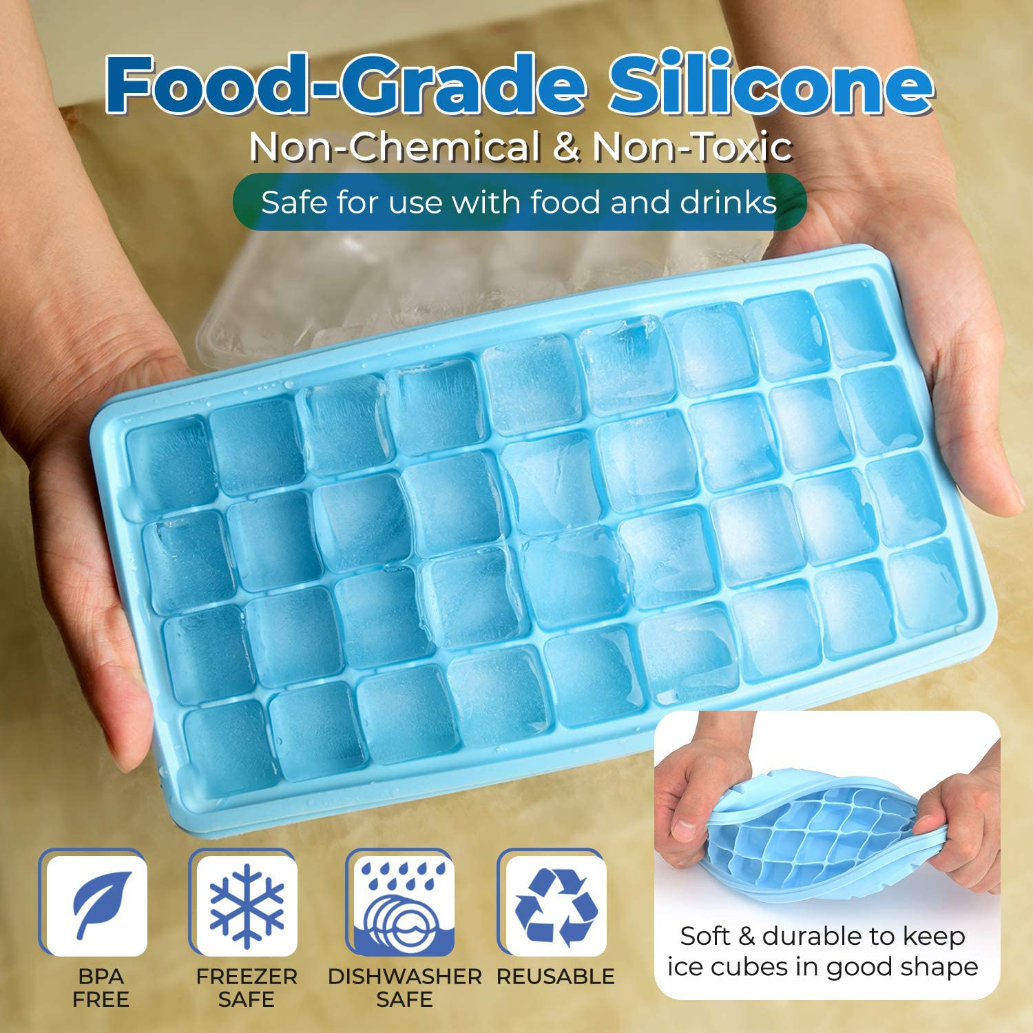 Ice Cube Tray With Lid and Bin- Silicone Ice Tray For Freezer | Comes with Ice Container, Scoop and Cover | Good Size Ice Bucket (Green)