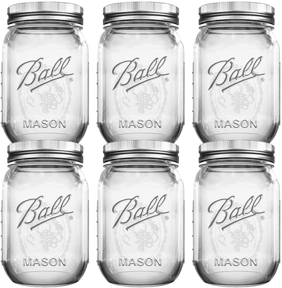 Ball Mason Jars 16 oz Bundle with Non Slip Jar Opener brand BHL Jars Set of 6 - 16 Ounce Size Mason Jars with Regular Mouth - Canning Glass Jars with Lids, Heritage Collection