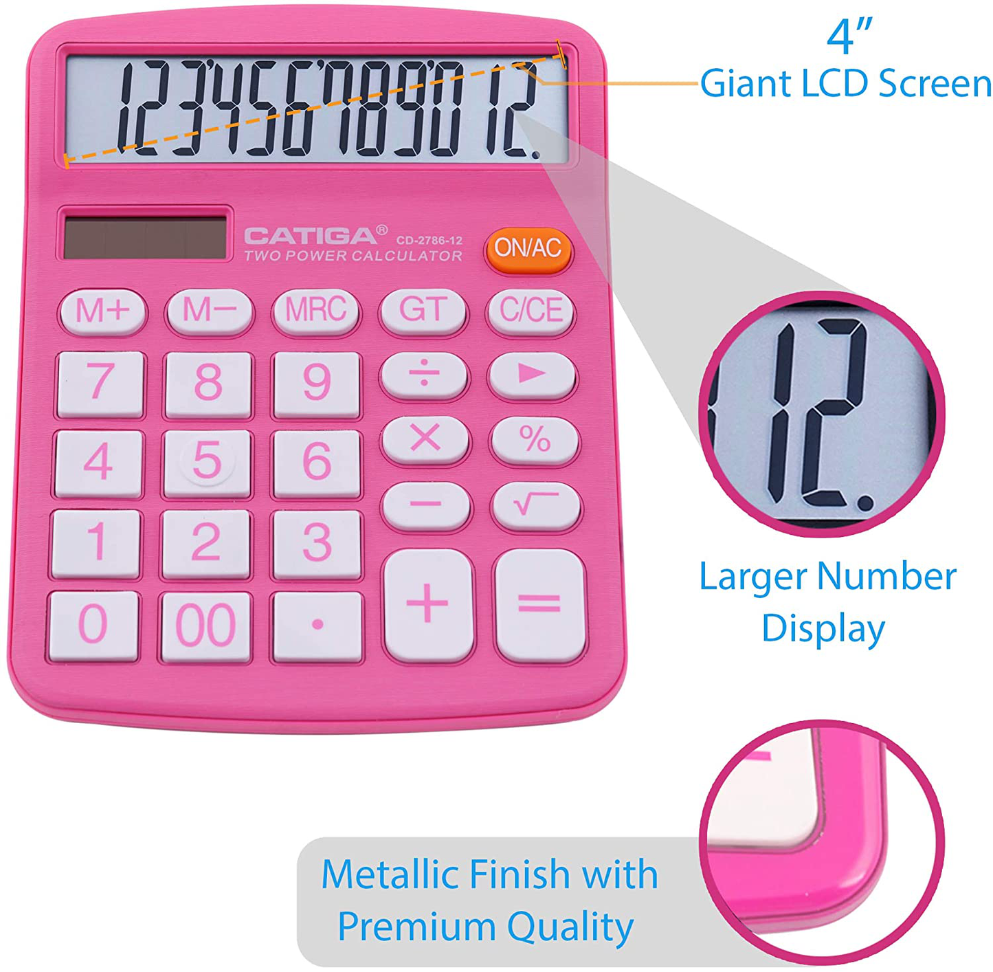 Desktop Calculator 12 Digit with Large LCD Display and Sensitive Button, Solar and Battery Dual Power, Standard Function for Office, Home, School, CD-2786 (Pink)