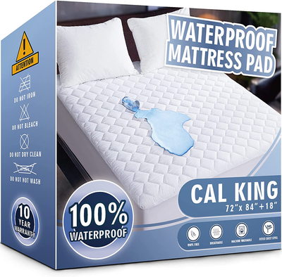 Waterproof Mattress Pad Cal King Size, Soft and Breathable Quilted Mattress Protector, 6''-18'' Deep Pocket Fitted Mattress Cover, White