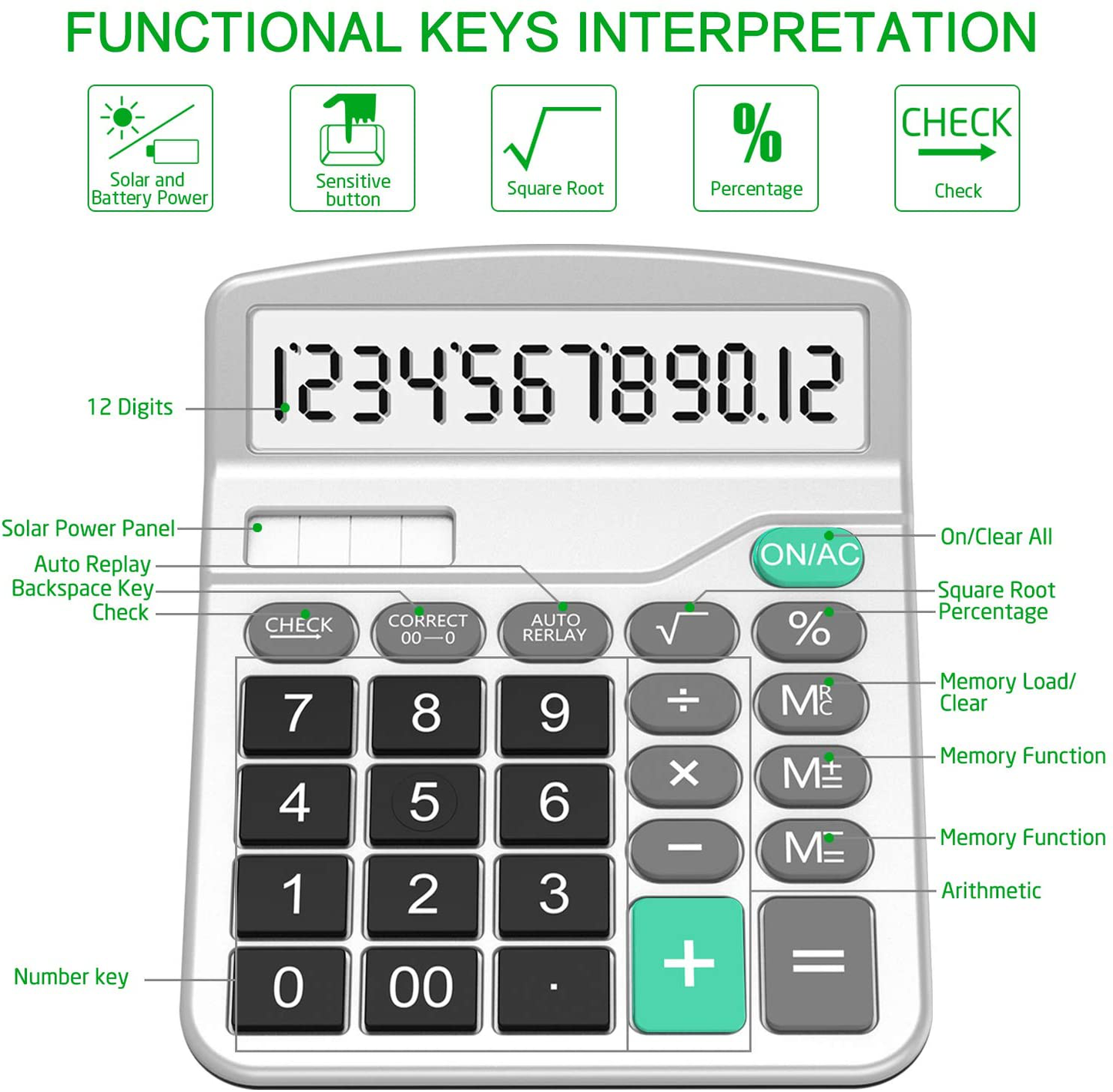 Calculator, Splaks Standard Functional Desktop Calculator Solar and AA Battery Dual Power Electronic Calculator with 12-Digit Large Display (2 Updated Silver)