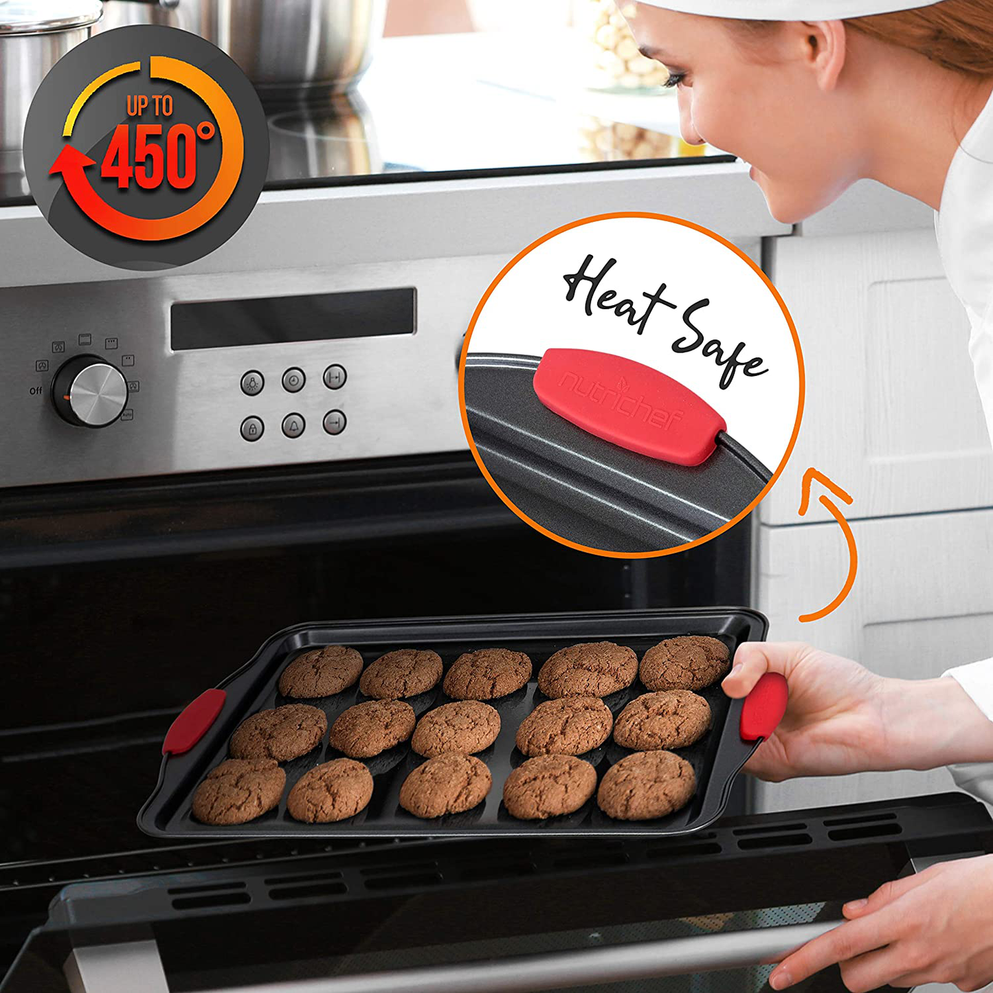 Nutrichef 8-Piece Carbon Steel Nonstick Bakeware Baking Tray Set w/Heat Red Silicone Handles, Oven Safe Up to 450°F, Black