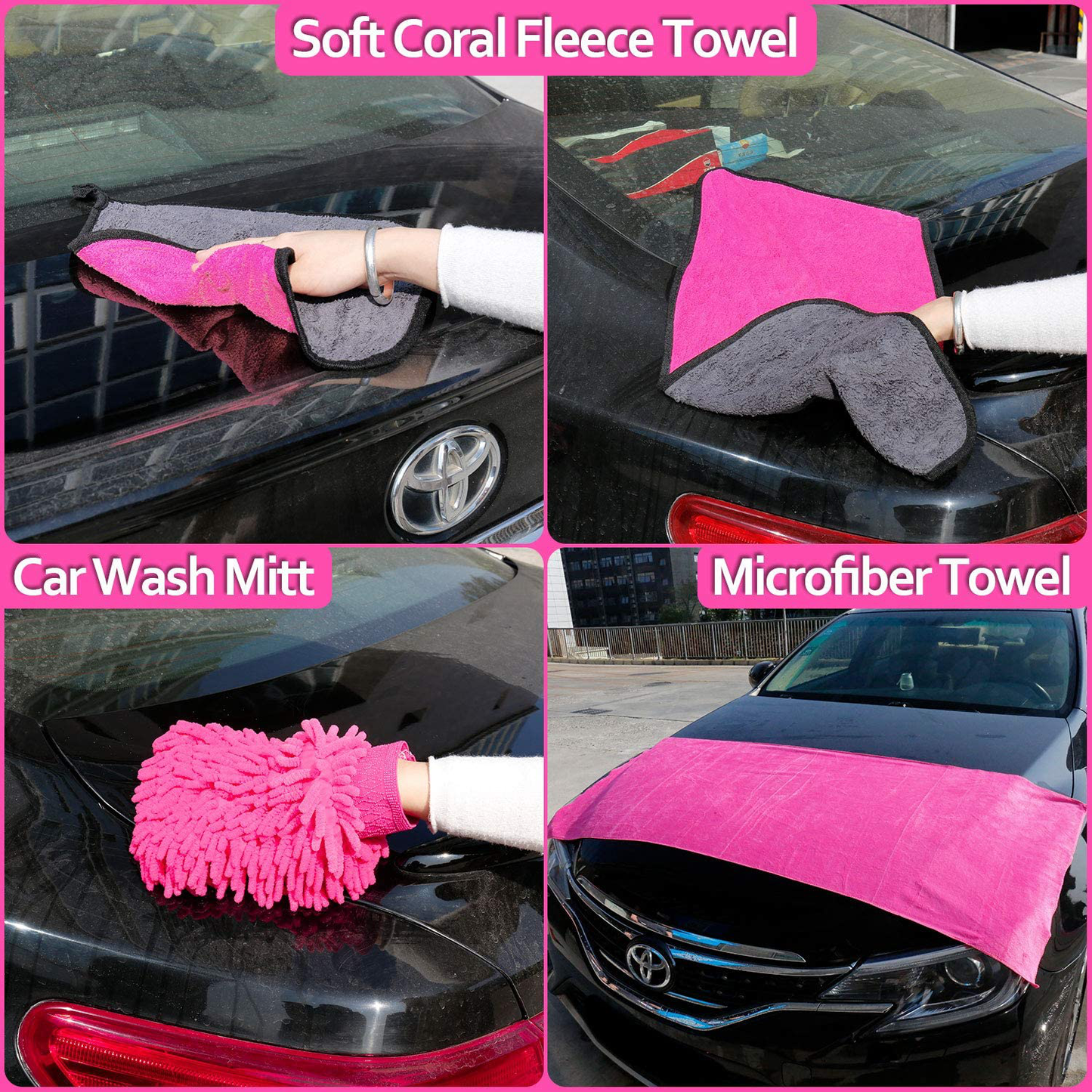 Car Wash Kit, Pink Car Cleaning Kit Interior and Exterior, Car Accessories for Women - Cleaning Gel, Microfiber Cleaning Cloth, Car Wash Mitt, Duster, Squeegee, Microfiber Wax Applicator(17pcs)