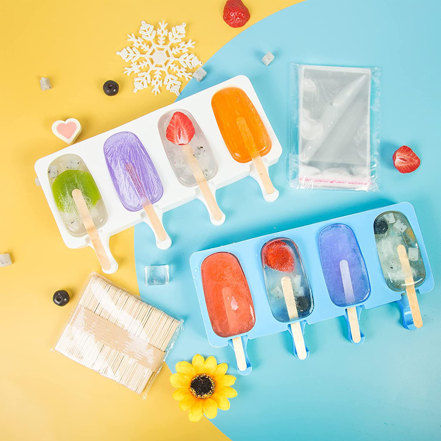 Ouddy Upgrade 2 Pack Large Popsicle Molds, Ice Cream Mold & Silicone Cakesicle Molds with 50 Wooden Sticks & 30 Popsicle Bags for DIY Ice Pop and Cake