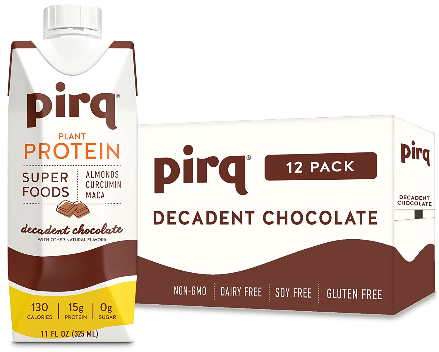Pirq, Vegan Protein Shake, Turmeric Curcumin, Maca, Plant-Based Protein Drink, Gluten-Free, Dairy-Free, Soy-Free, Non-Gmo, Vegetarian, Kosher, Keto, Low Carb, Low Calorie (Decadent Chocolate, 12 Pack)