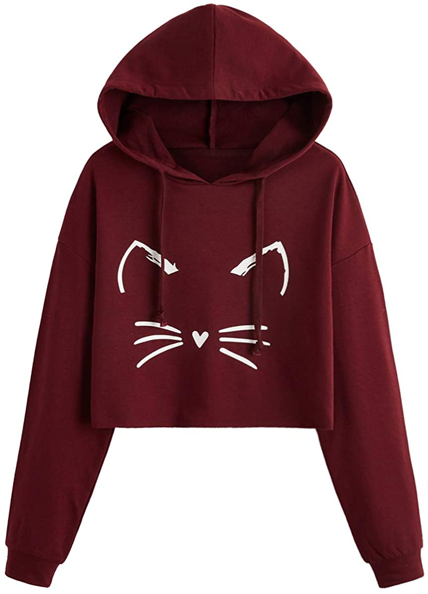 ROMWE Women's Casual Cat Print Long Sleeve Crop Top Sweatshirt Hoodies