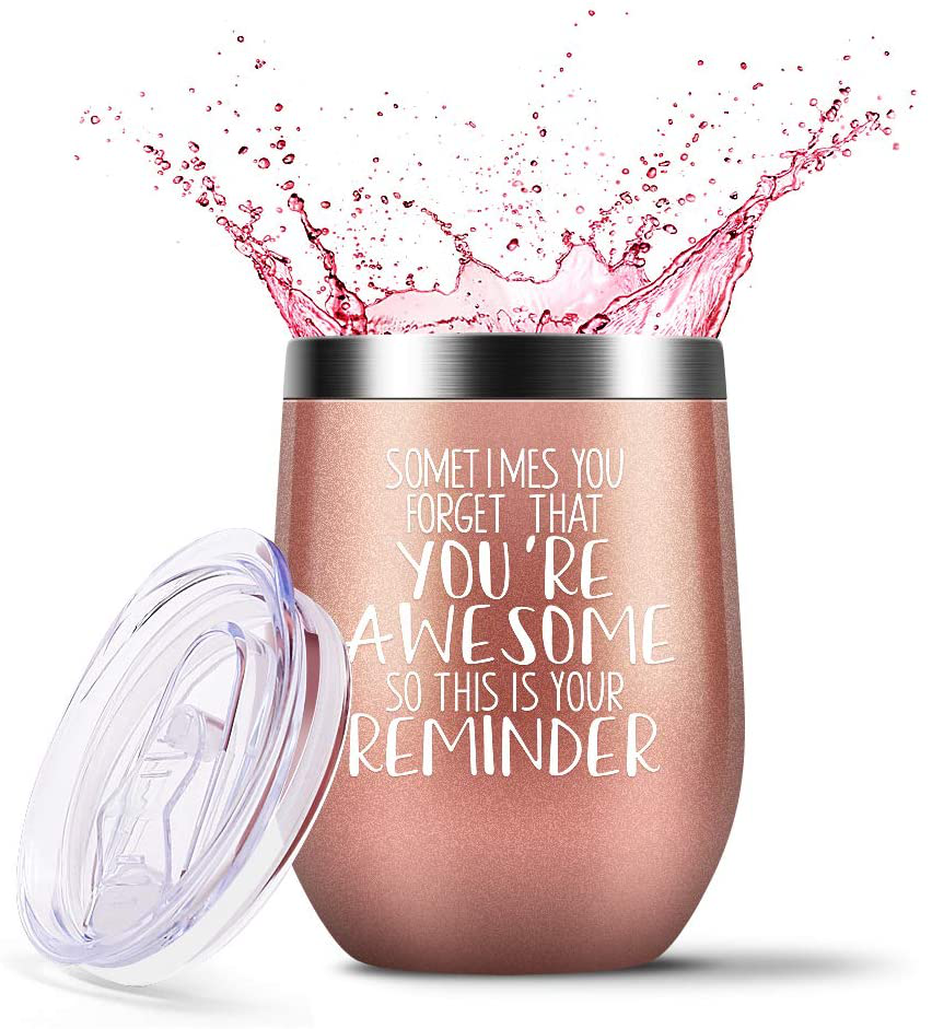 Sometimes You Forget That You are Awesome - Thank You Gifts, Funny Inspirational Birthday Graduation Gifts for Women, Men, Coworker, Friends - Vacuum Insulated Tumbler with Keychain Rose Gold 12oz