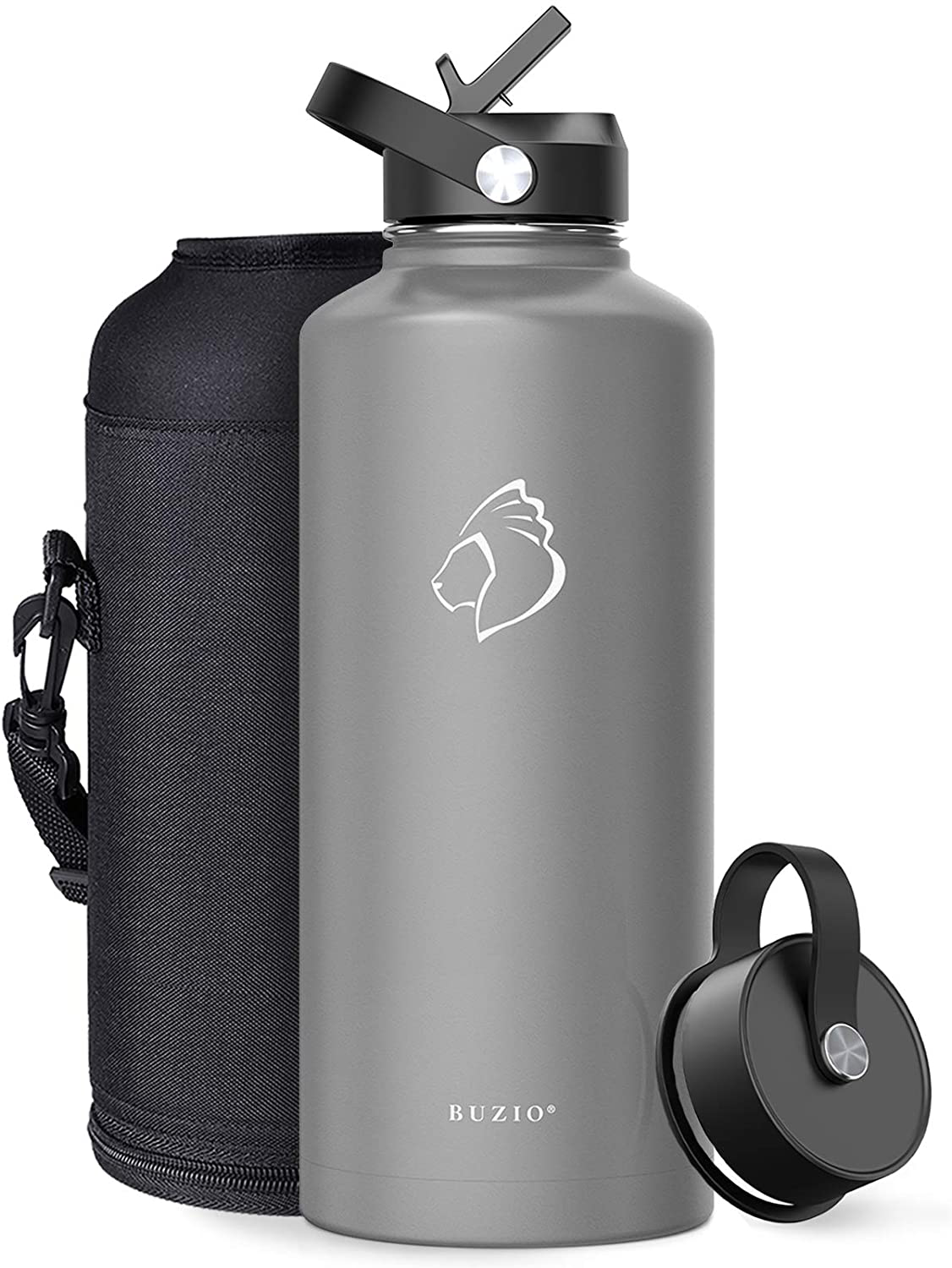 BUZIO Insulated Water Bottle with Straw Lid and Flex Cap, 32oz, 40oz, 64oz, 87oz Modern Double Vacuum Stainless Steel Water Flask, Cold for 48 Hrs Hot for 24 Hrs Simple Thermo Canteen Mug,BPA-Free