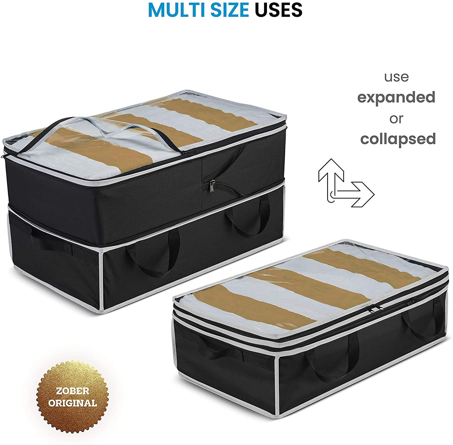 Expandable Clothes Storage Bags [70L Capacity] 1 Pk - 2 Adjustable Sizes for Compact under Bed Storage or Expands to Large Clothing Storage Bag, Reinforced Carry Handles- for Comforter Blanket Bedding