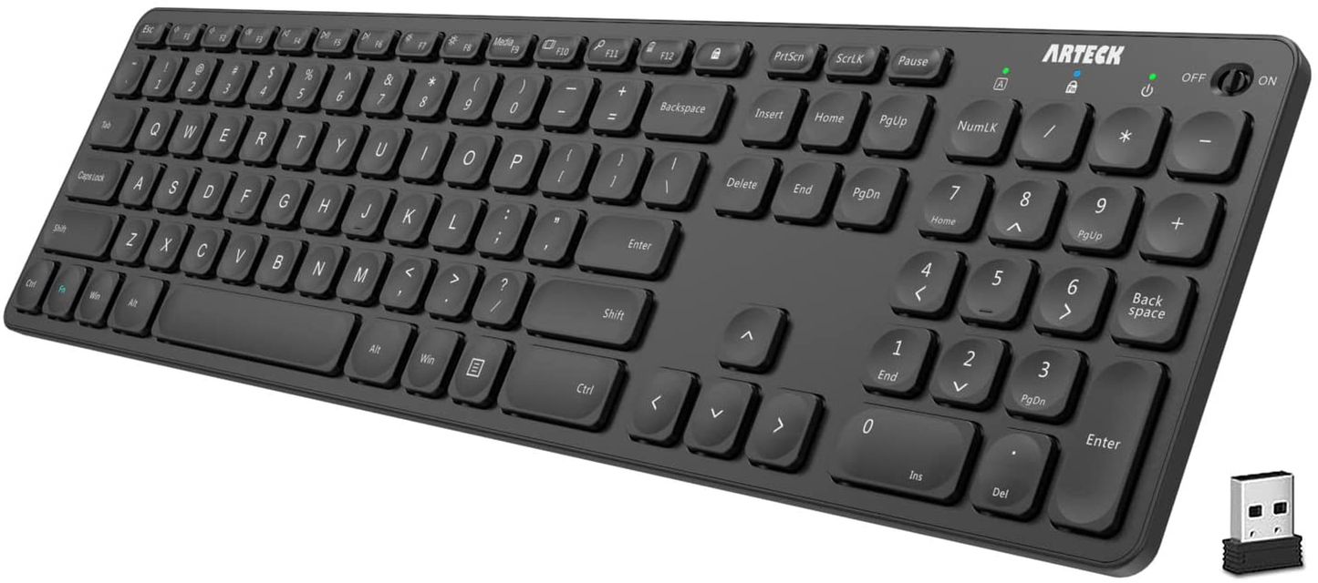 Arteck 2.4G Wireless Keyboard Ultra Slim Full Size Keyboard with Numeric Keypad and Media Hotkey for Computer/Desktop/Pc/Laptop/Surface/Smart TV and Windows 10/8/ 7 Built-In Rechargeable Battery