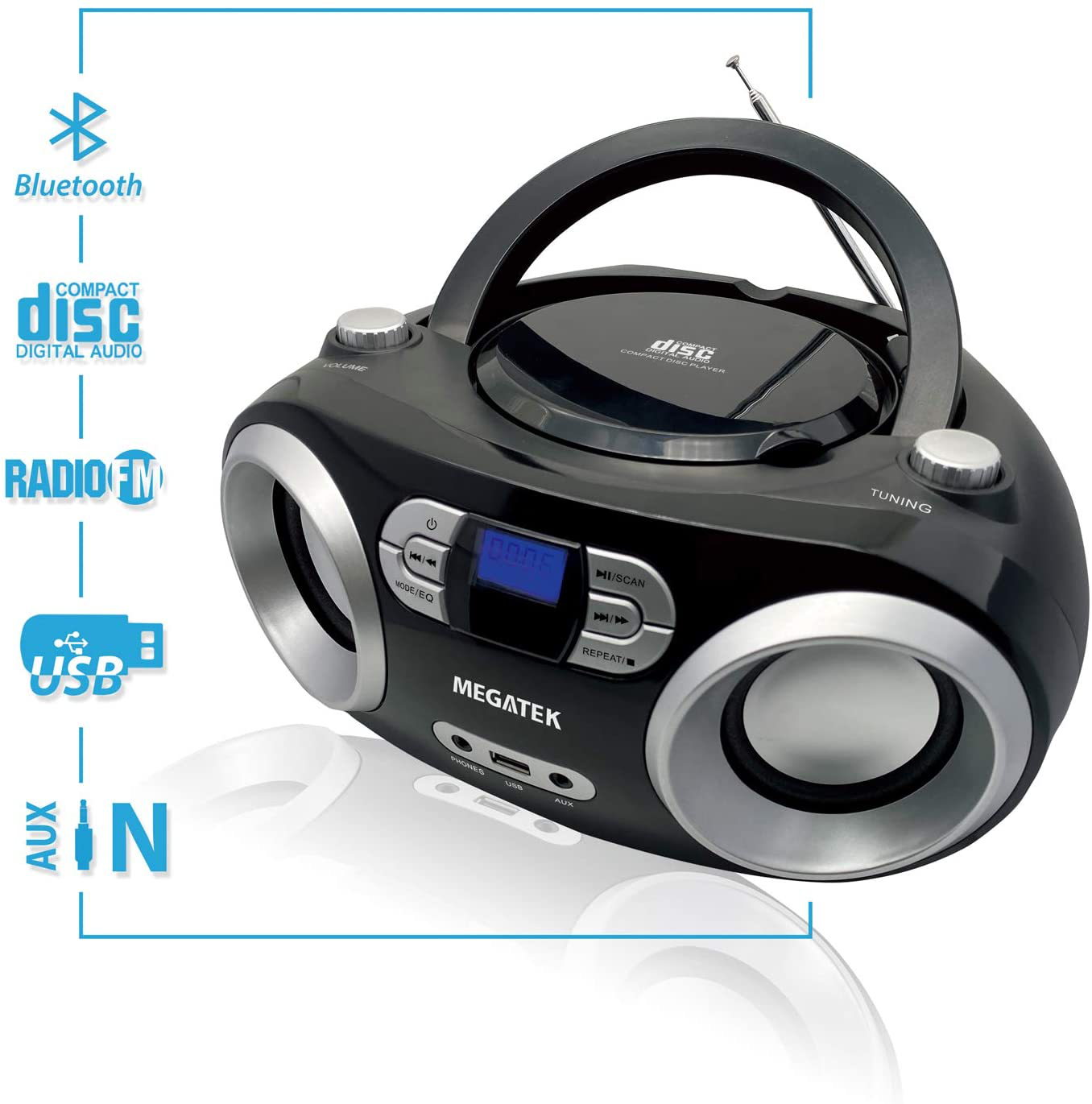 Megatek CB-M25BT Portable CD Player Boombox with FM Stereo Radio, Bluetooth Wireless & Enhanced Sound, CD-R/CD-RW/MP3/WMA Playback, USB Port, AUX Input, Headphone Jack, LCD Display, AC/Battery Powered