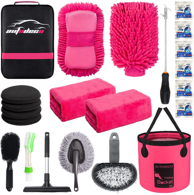 AUTODECO 22Pcs Car Wash Cleaning Tools Kit Car Detailing Set with Black Canvas Bag Pink Collapsible Bucket Wash Mitt Sponge Towels Tire Brush Window Scraper Duster Complete Interior Car Care Kit