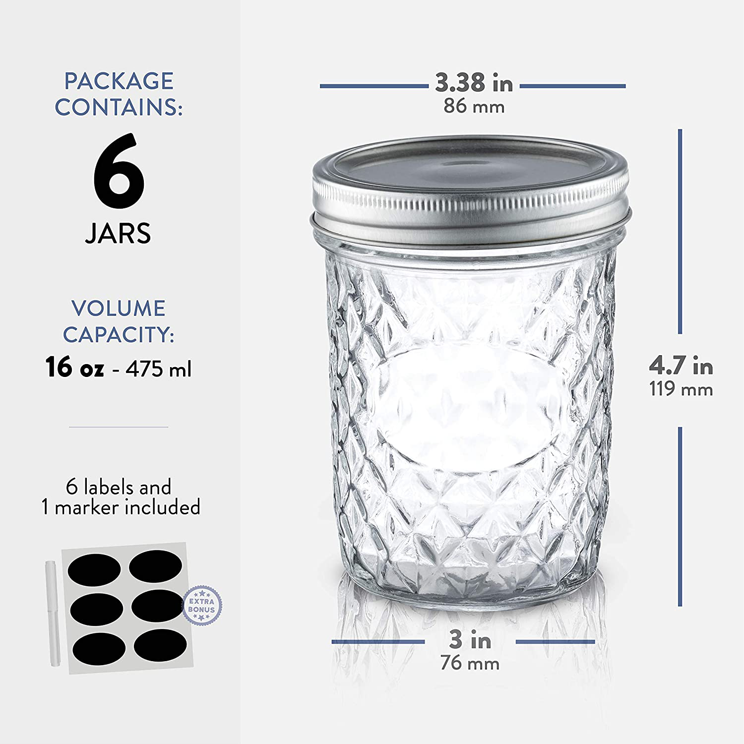 Quilted Wide Mouth Glass Mason Jars - 16-Ounce (12-Pack) Canning Jars with Lids and Bands, Chalkboard Labels, for Canning, Preserving, Pickling, Meal Prep, Jam, Jelly, Overnight Oats, Dishwasher Safe