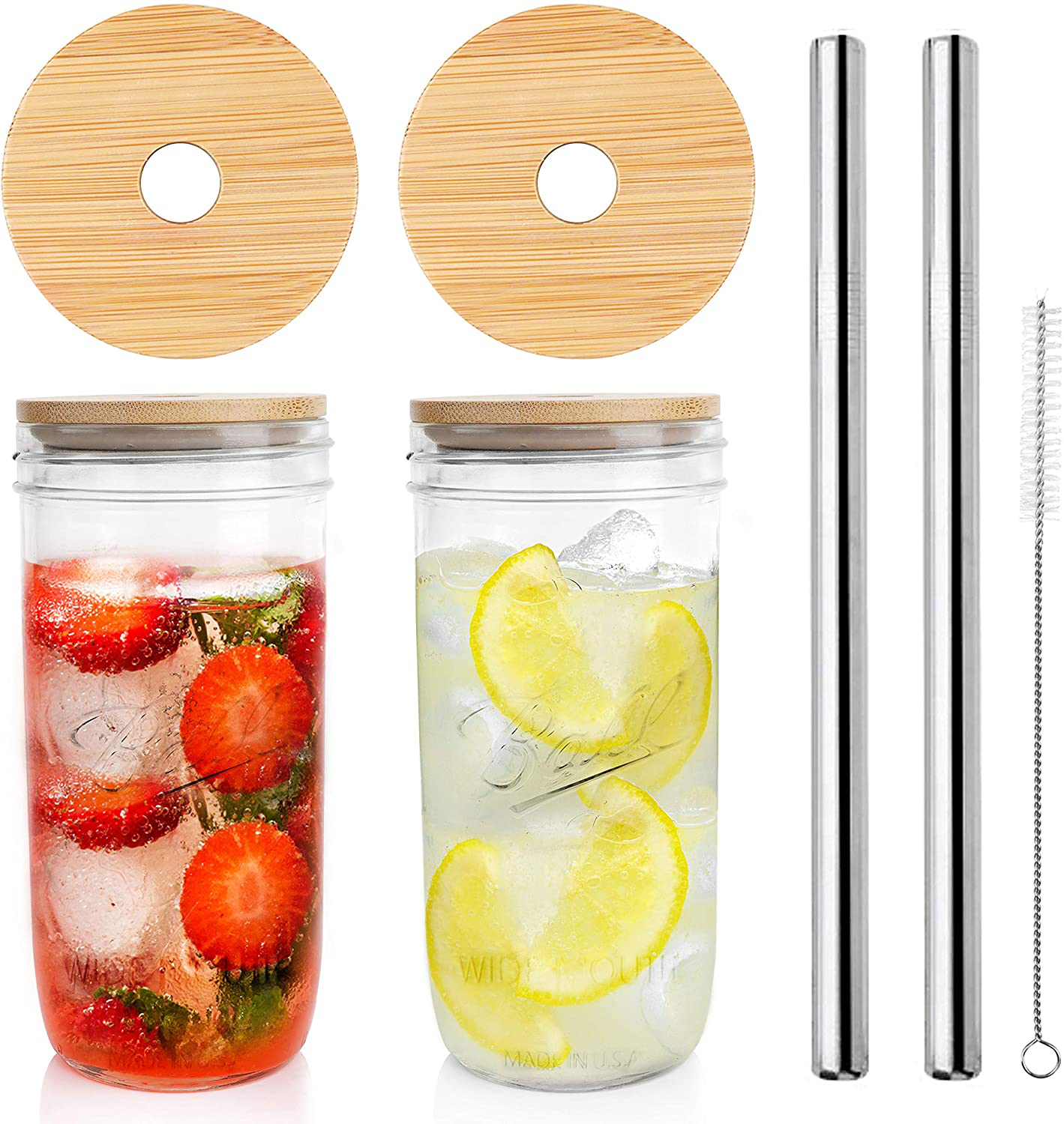 Wide Mouth Mason Jar Lids, Mason Jar Drinking Glasses 24 OZ, Set of 2 mason jar cups with lids and straws, for Jam, Juices, Honey, Cocktail, DIY Magnetic Spice Jars