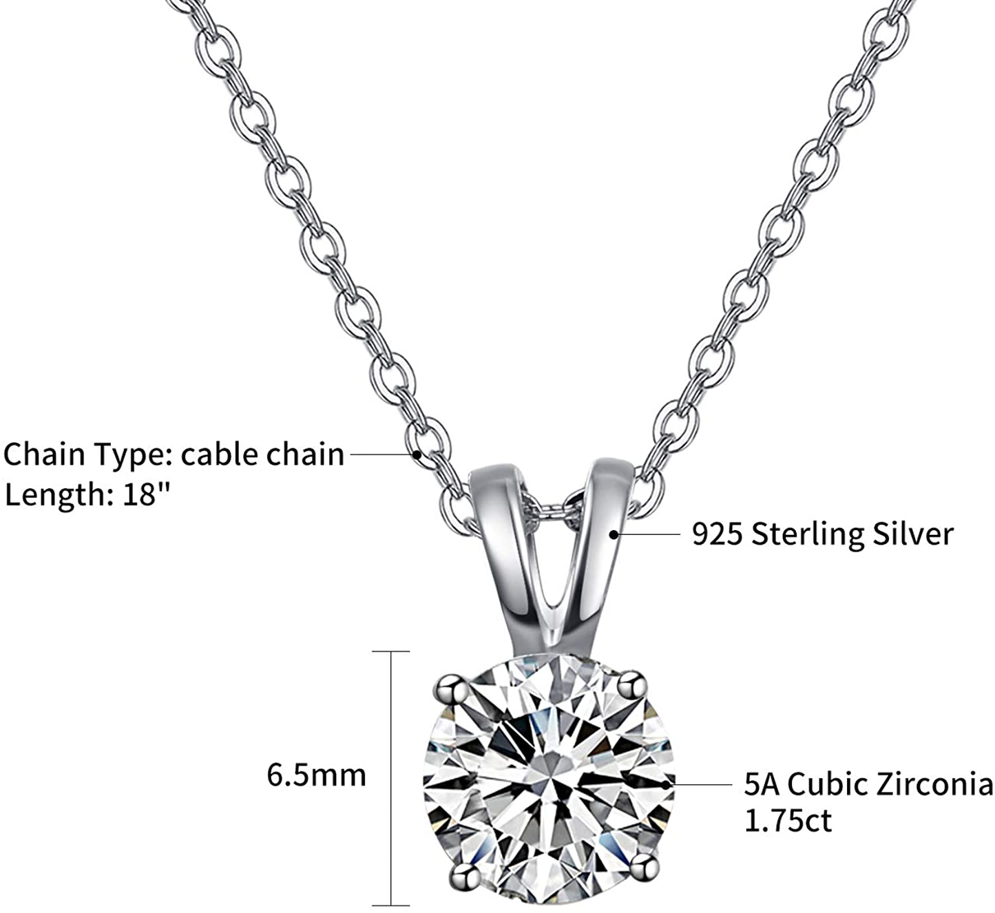 Sterling Silver Cubic Zirconia round Cut Simple Dainty Solitaire Pendant Necklace for Women Bridal Wedding, 18"
