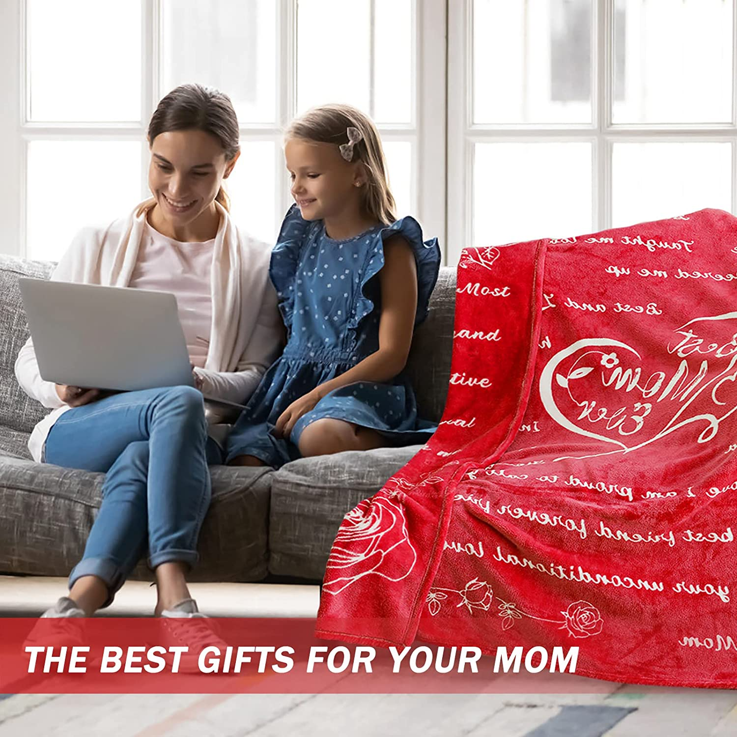 Blanket for Mom, Best Mom Ever Gift Blanket, Mom Gifts from Daughter Son Husband for Birthday, Mothers Day, Christmas, Valentines Day (Red, Throw)