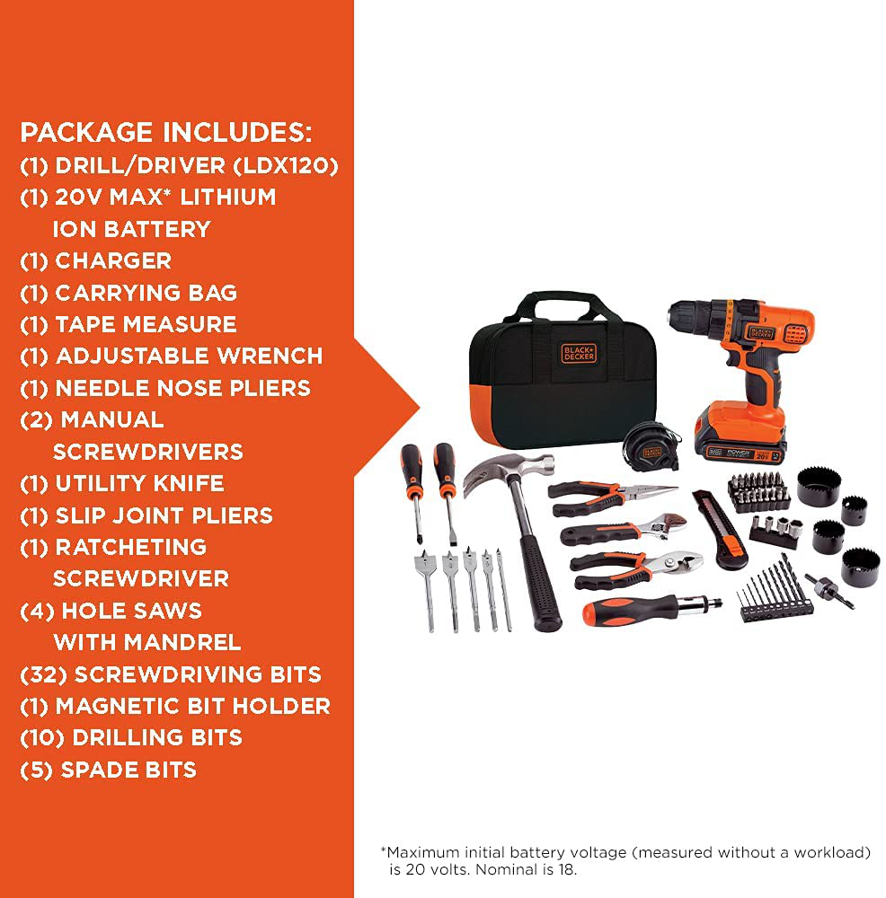 BLACK+DECKER 20V Max Drill & Home Tool Kit, 68 Piece (LDX120PK)