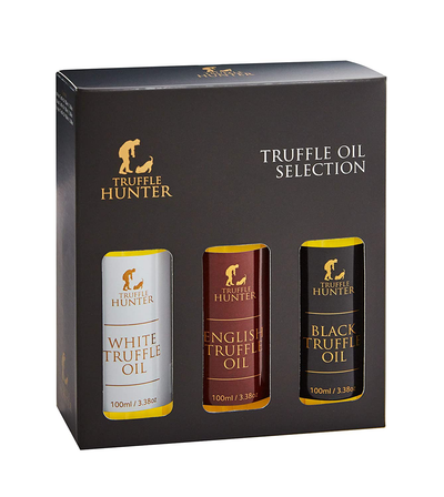 Trufflehunter Truffle Oil Selection Gift Set - White, English & Black Truffle Oil (3 X 3.38 Oz) Real Truffle Pieces Olive Oil Gourmet Food Seasoning Marinade - Vegetarian Vegan Kosher & Gluten Free