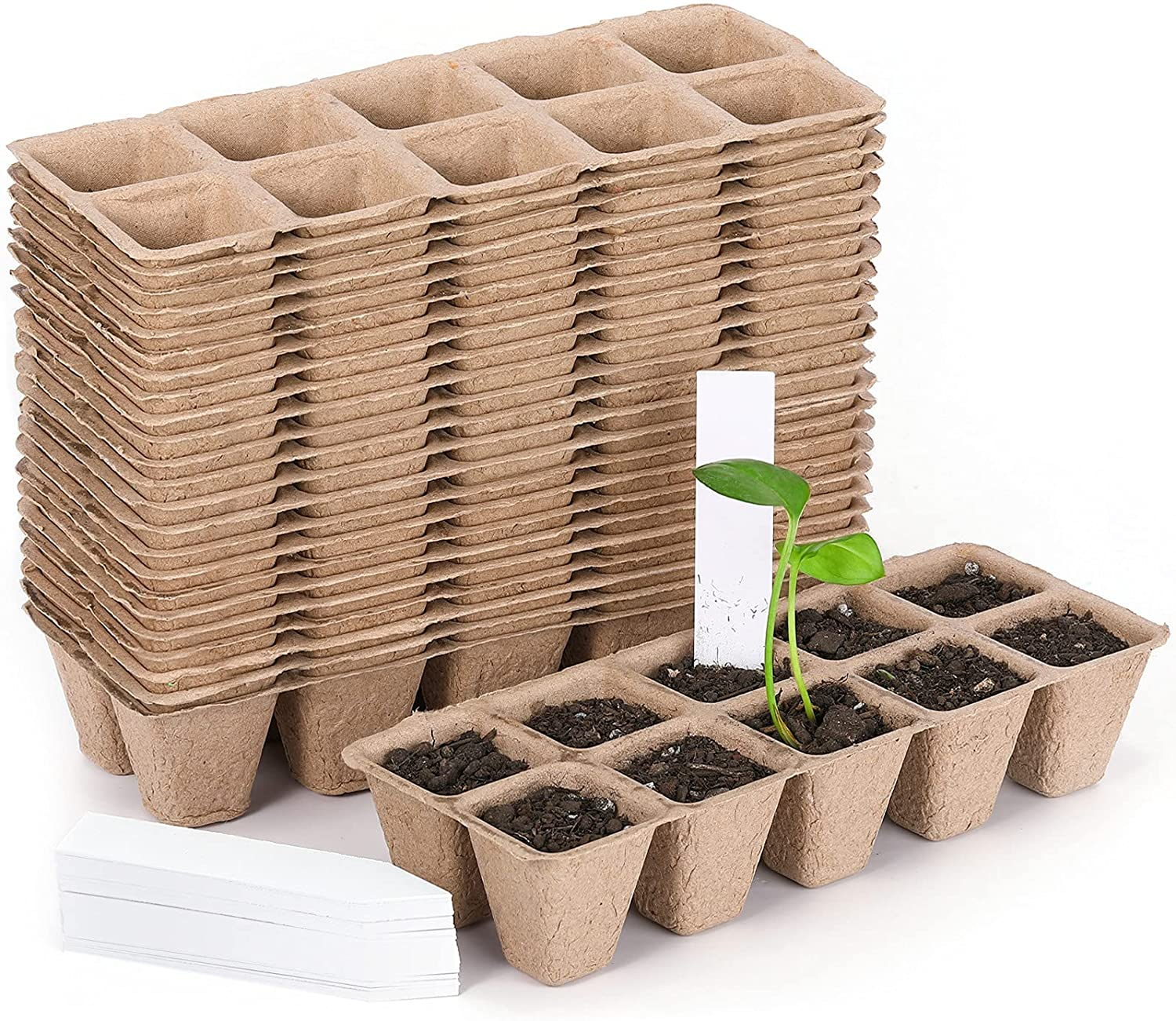 Seed Starter Peat Pots 10 Cells Seedling Pots Germination Trays Organic Germination Plant Starter Kit with White Plastic Plant Markers Labels for Indoor Outdoor Plants Supplies (12)