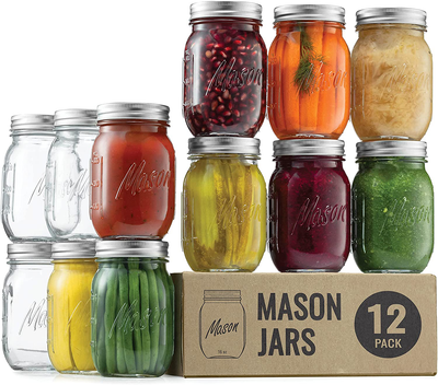 Regular-Mouth Glass Mason Jars, 16-Ounce (12-Pack) Glass Canning Jars with Silver Metal Airtight Lids and Bands with Measurement Marks, for Canning, Preserving, Meal Prep, Overnight Oats, Jam, Jelly