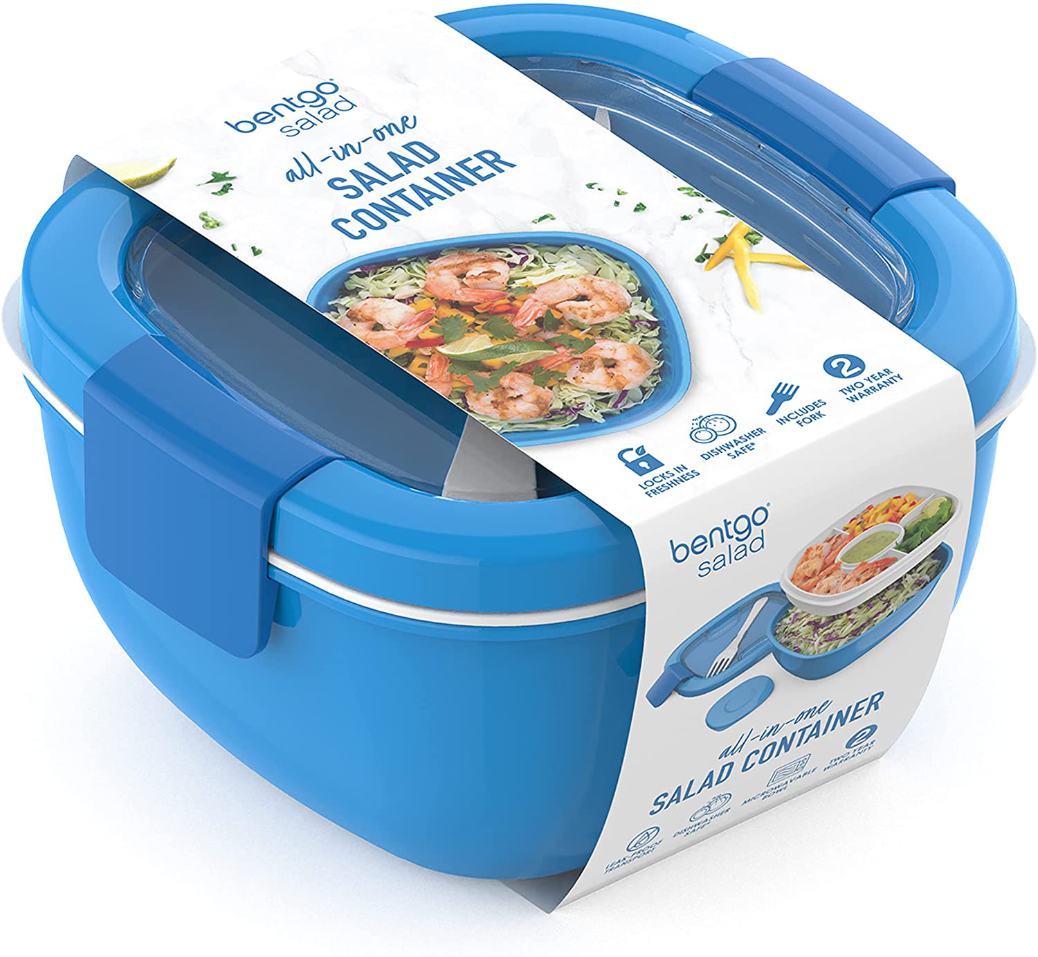 Bentgo Salad - Stackable Lunch Container with Large 54-oz Salad Bowl, 4-Compartment Bento-Style Tray for Toppings, 3-oz Sauce Container for Dressings, Built-In Reusable Fork & BPA-Free (Blue)