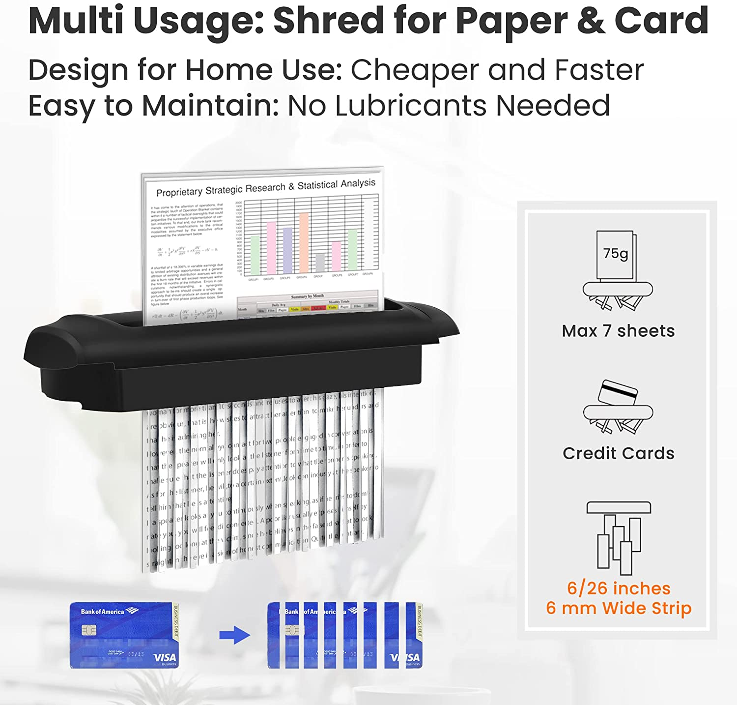 Paper Shredder without Basket, 7-Sheet Strip Cut Shredder, Paper Shredder Also Shreds Card/Staple, Small Portable Shredder with Extendable Arm, Durable&Fast with Jam Proof(Etl)