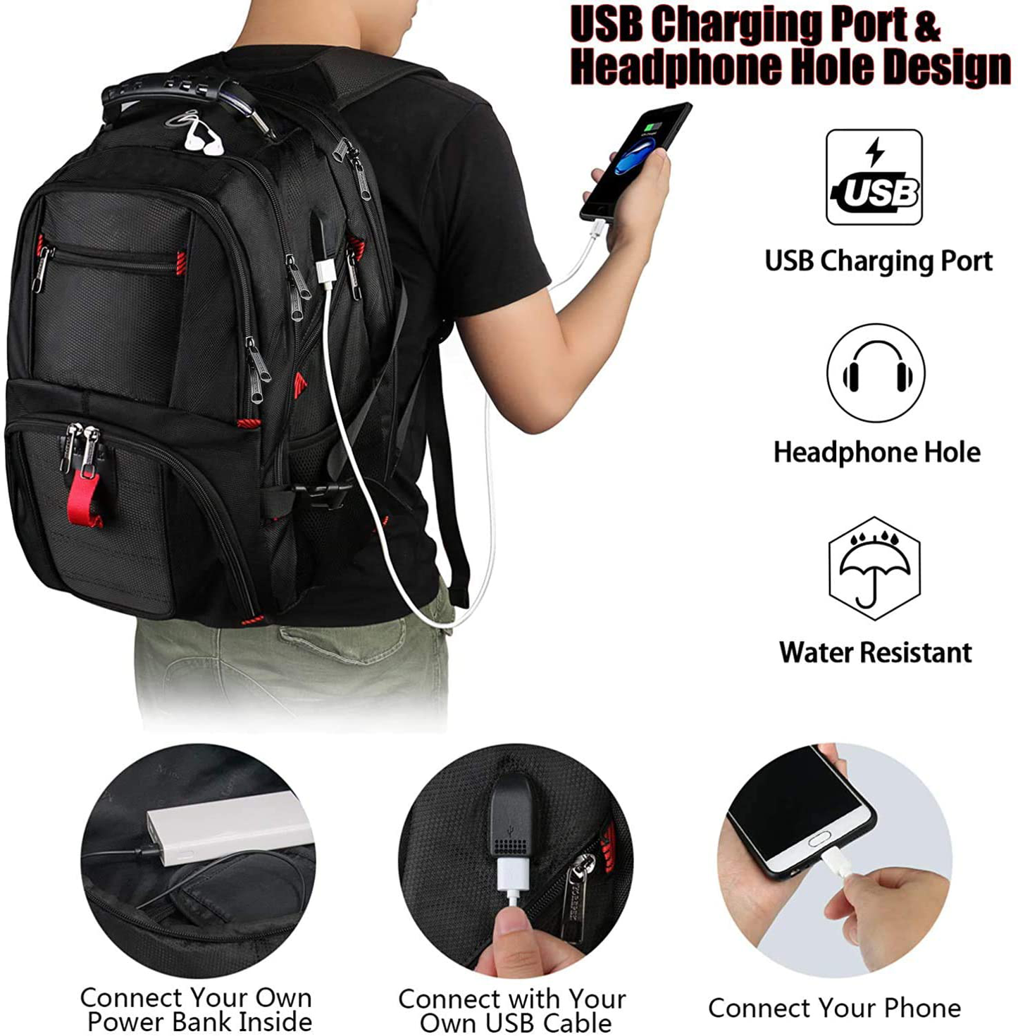 Extra Large 50L Travel Backpack with USB Charging Port,TSA Friendly Business College Bookbags