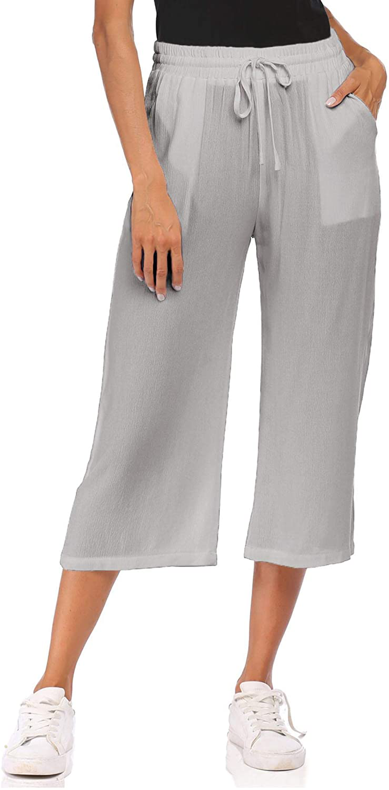Wildtrest Women's Drawstring Cropped Wide Leg Pants Casual Loose Cotton Capri Trouser
