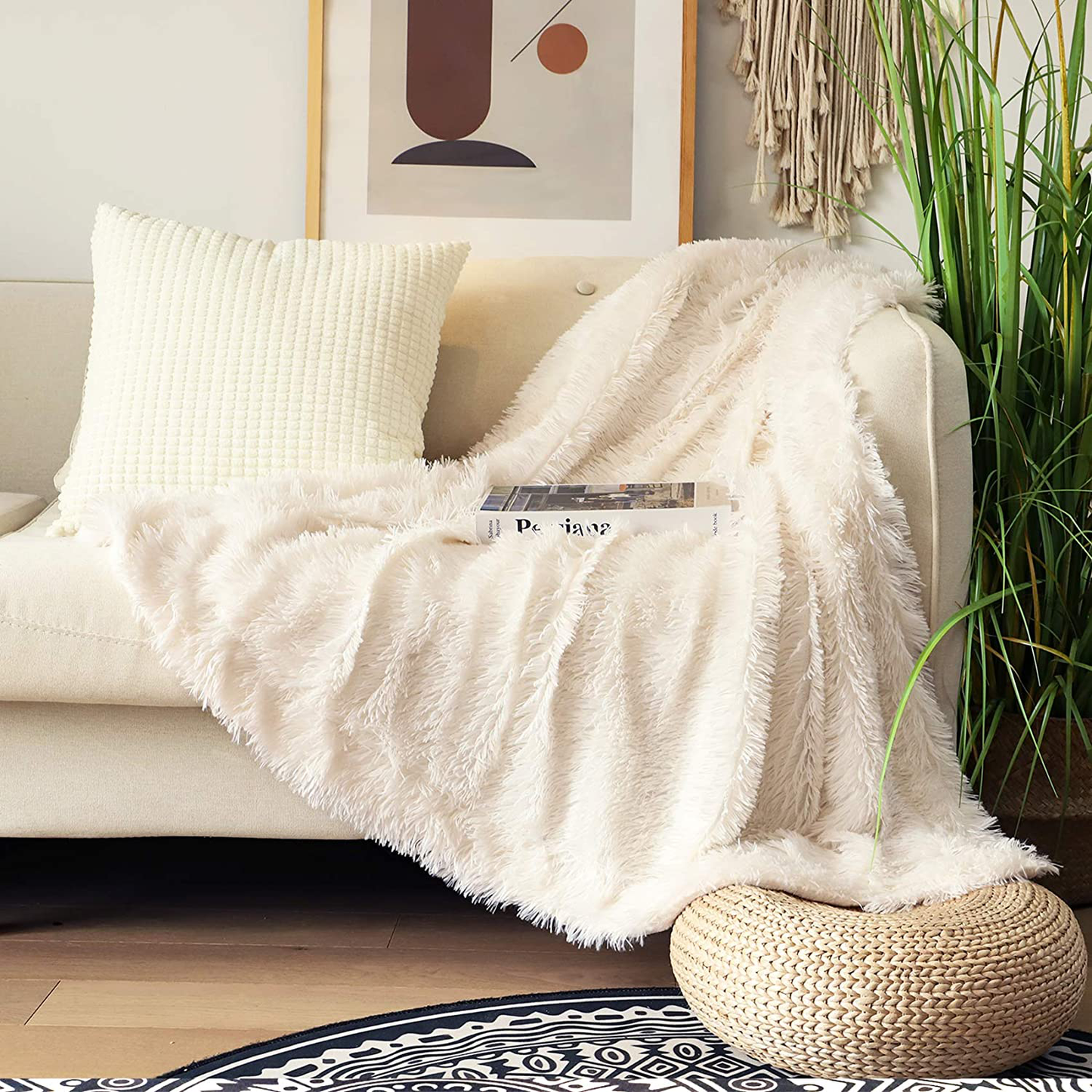 Decorative Extra Soft Faux Fur Throw Blanket 50" x 60",Solid Reversible Fuzzy Lightweight Long Hair Shaggy Blanket,Fluffy Cozy Plush Fleece Comfy Microfiber Fur Blanket for Couch Sofa Bed,Pure White