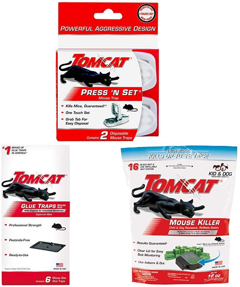 Tomcat Press 'N Set Mouse Trap (2 Pack) with Mouse Glue Trap W/Eugenol (6 Pack) and Tier 1 Refillable Mouse Bait Station