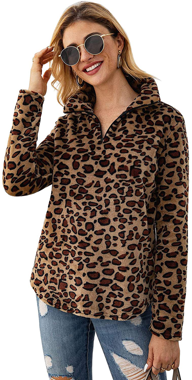 P&A Fashion Women's Long Sleeve Leopard Print Sweatshirt V Neck Quarter Zip Fleece Pullover Tops