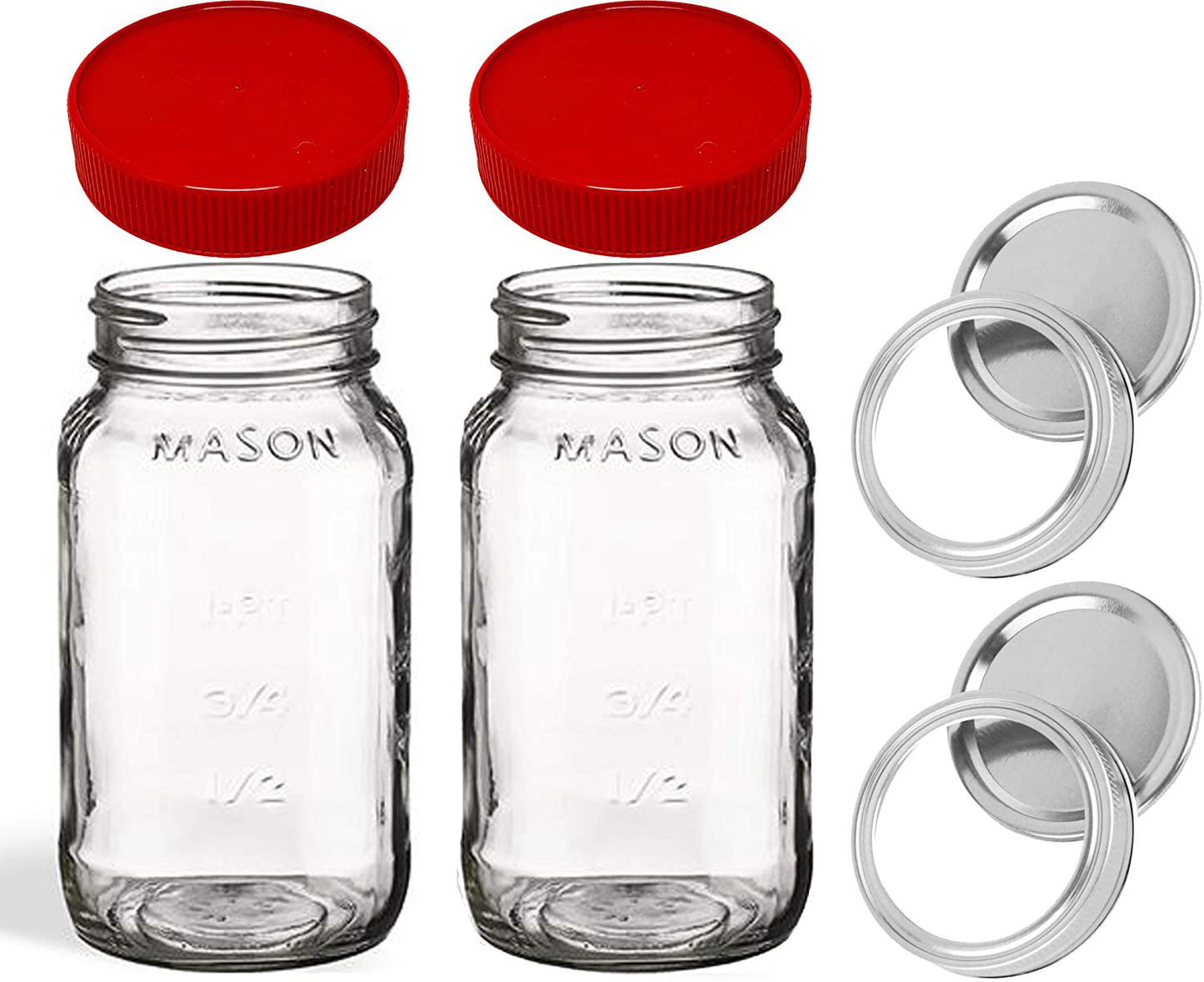 Mason Jars 24oz - Regular Mouth Mason Storage Jars with Lids (set of 2) Made in the USA - Mason Jars with Plastic Mason Jar Lids (24 ounce, red)