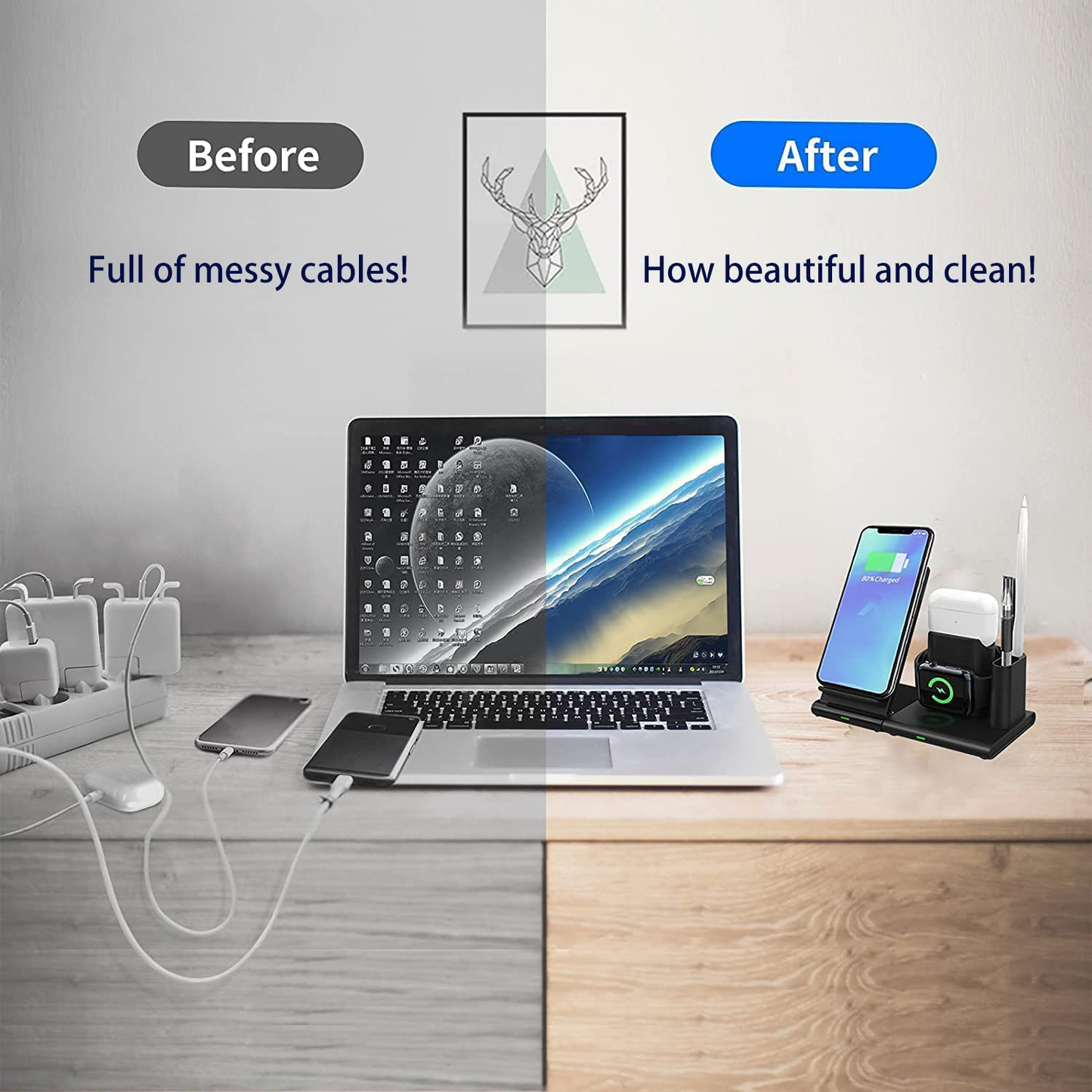 4-in-1 Wireless Charger Station, Fast Wireless Charging Stand for Iphone 12/12 Pro/12 Pro Max/11/Xr/Xs/X/8/8 Plus, Pencil Apple Iwatch Series SE/6/5/4/3/2 Airpods Pro/2, Samsung Galaxy S10/S9/S8