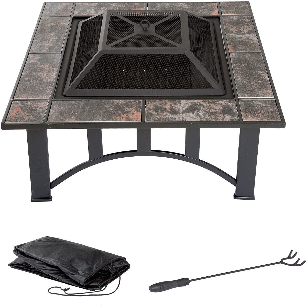Fire Pit Set, Wood Burning Pit - Includes Screen, Cover and Log Poker - Great for Outdoor and Patio, 33 inch Square Marble Tile Firepit by Pure Garden