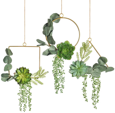 Pauwer Artificial Willow Leaves Metal Hoop Wreath Set of 3 Willow Leaves Greenery with White Silk Hydrangea Flower Hanging Wall Hoop Garland