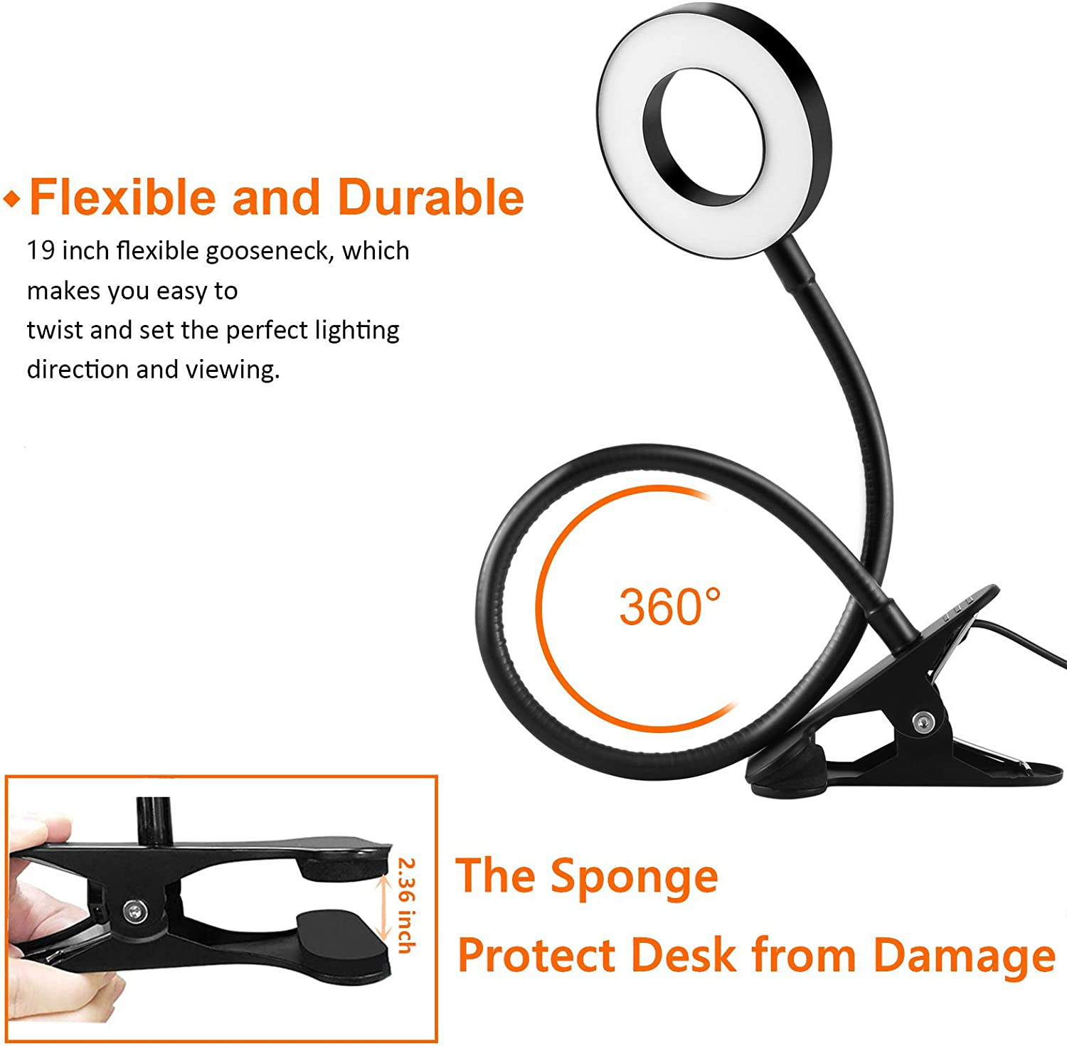 Clip on Light Reading Lights , 48 LED USB Desk Lamp with 3 Color Modes 10 Brightness, Eye Protection Book Clamp Light , 360 ° Flexible Gooseneck Clamp Lamp for Desk Headboard and Video Conference