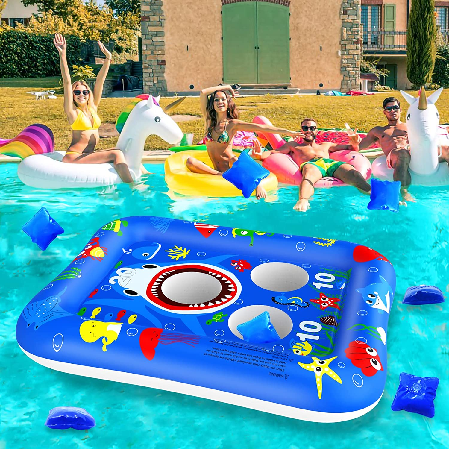 Inflatable Pool Toss Games Toys, 33" Cornhole Bean Bag Toss Games with 4 Beanbags, Floating Toss Game for Kids Adults Pool Party Games