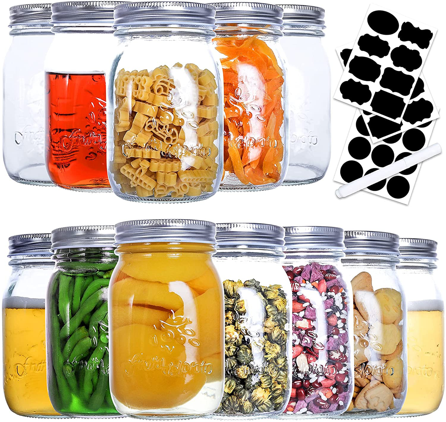 Mason Jars 16 OZ,12 Pack Regular Mouth Glass Jars for Sealing, Meal Prep, Jam, Honey, Overnight Oats, Food Storage, Canning, Preserving, Drinking, DIY Decors and Projects, Canning Jars with Silver Airtight Lids, Glass Storage Jars