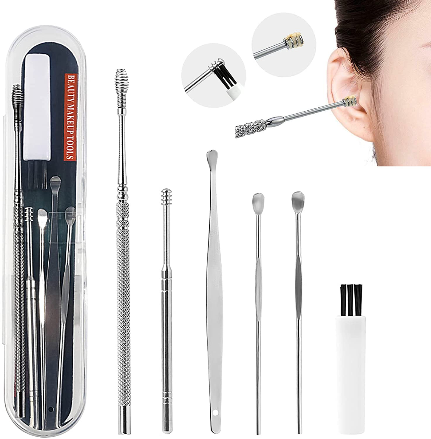 8 Pcs Innovative Spring Ear Wax Cleaner Tool Set, Stainless Steel Ear Wax Removal Kit Cleaning Tool Earwax Pick Cleaner Curette Spoon Set Tool with a Cleaning Brush and Storage Box
