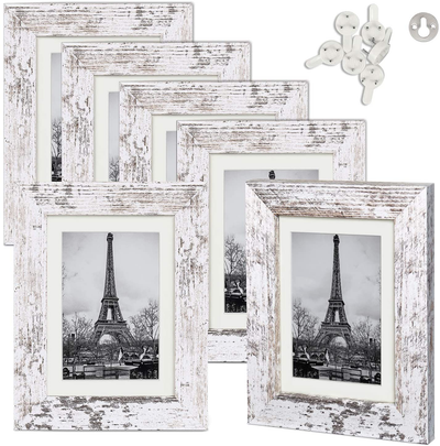 upsimples 4x6 Picture Frame Distressed White with Real Glass,Display Pictures 3.5x5 with Mat or 4x6 Without Mat,Multi Photo Frames Collage for Wall or Tabletop Display,Set of 6