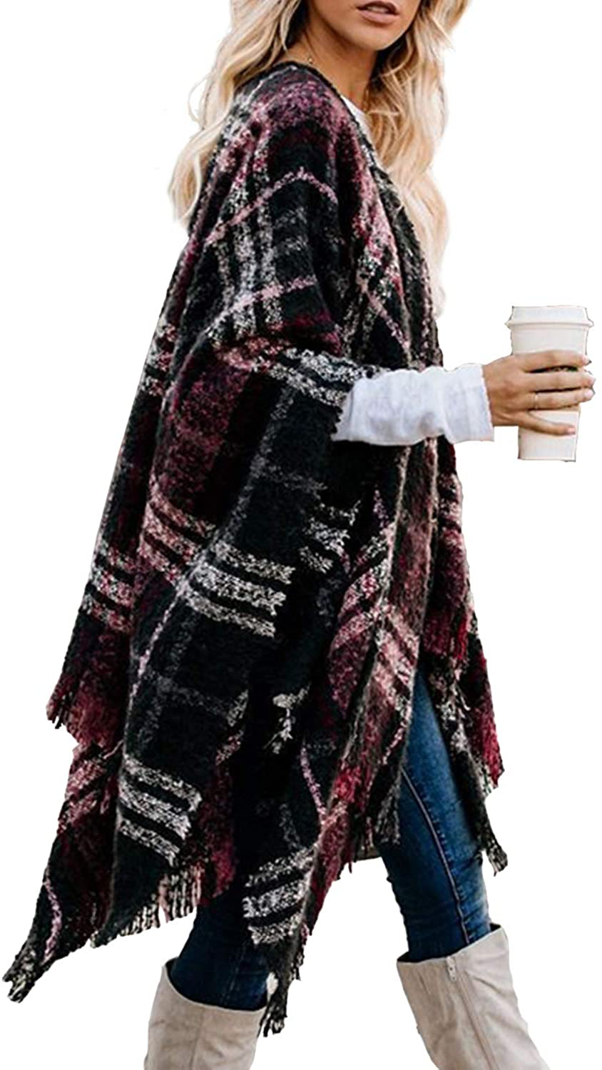 Bestshe Women's Stylish Open Front Poncho Cape Clock Block Oversize Knitted Shawl Wrap for Women