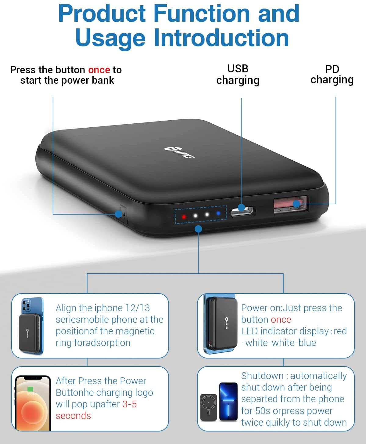 10,000 MPH Portable Charger, Magnetic Power Bank with USB-C Cable, Battery Pack, Fast Magnetic Wireless Portable Charger