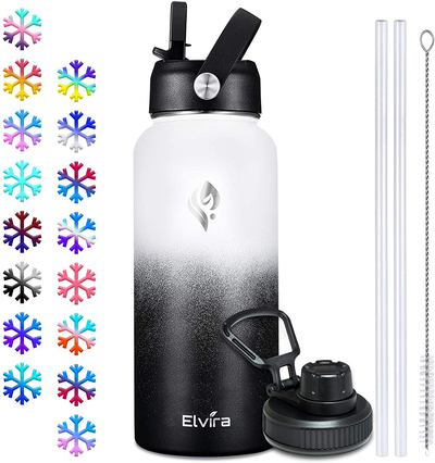 Elvira 32oz Vacuum Insulated Stainless Steel Water Bottle with Straw & Spout Lids, Double Wall Sweat-Proof BPA Free to Keep Beverages Cold for 24Hrs or Hot for 12Hrs