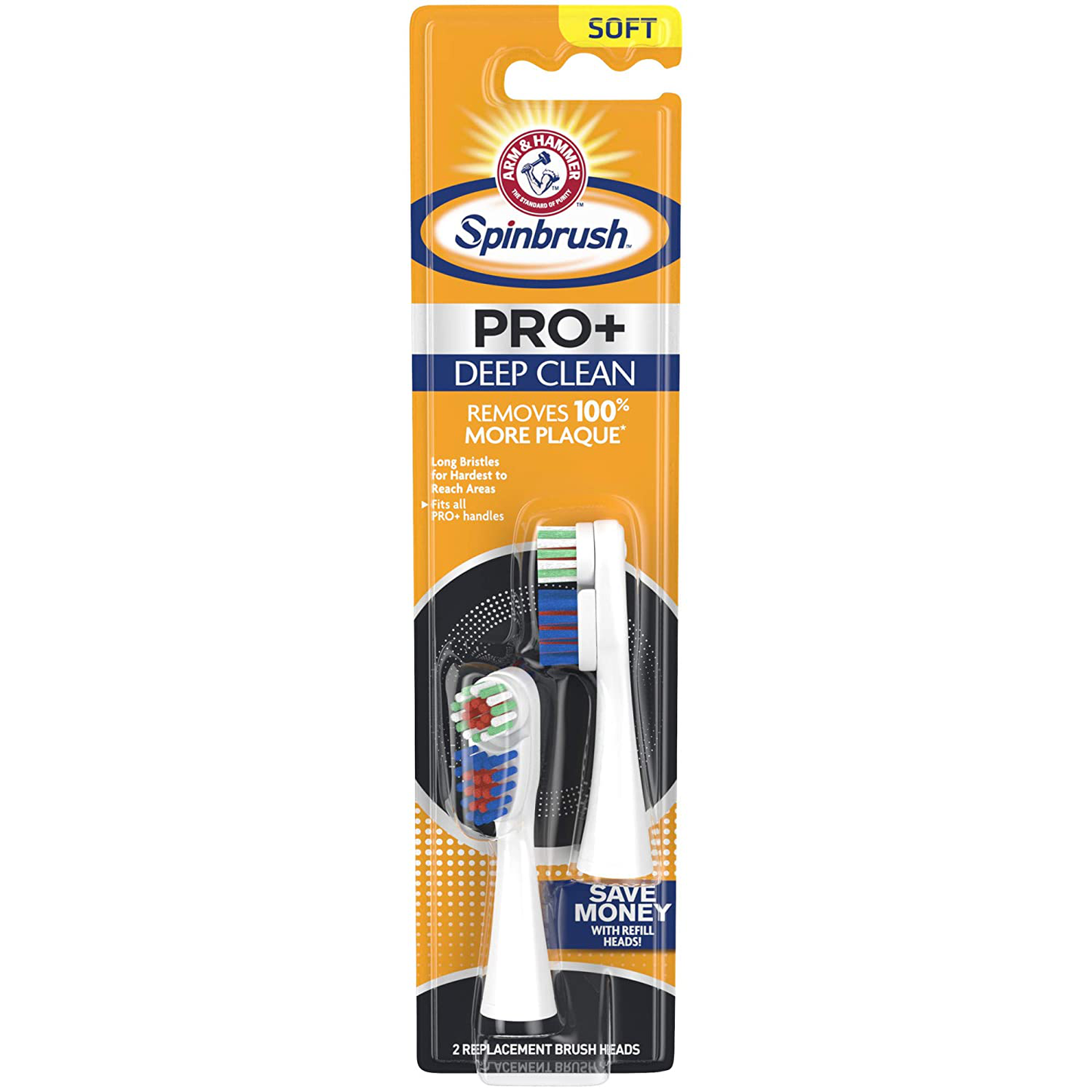 ARM & HAMMER Spinbrush PRO+ Deep Clean REFILLs– Spinbrush Battery Powered Toothbrush Removes 100% More Plaque- Soft Bristles -Two Replacement Heads