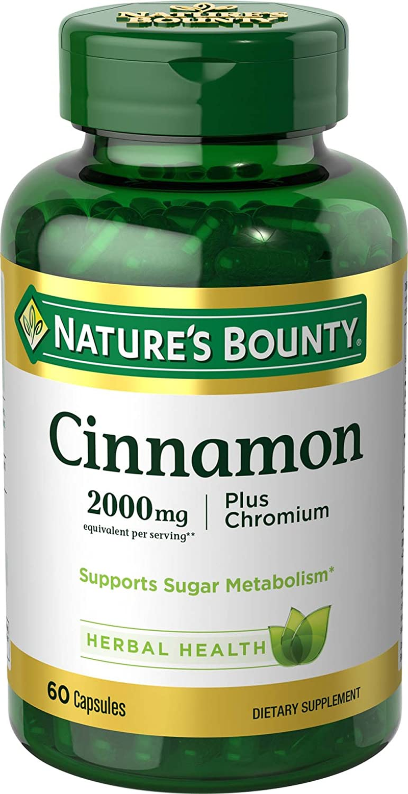 Nature S Bounty Cinnamon Pills and Chromium Herbal Health Supplement, Promotes Sugar Metabolism and Heart Health, 2000G, 60 Capsules