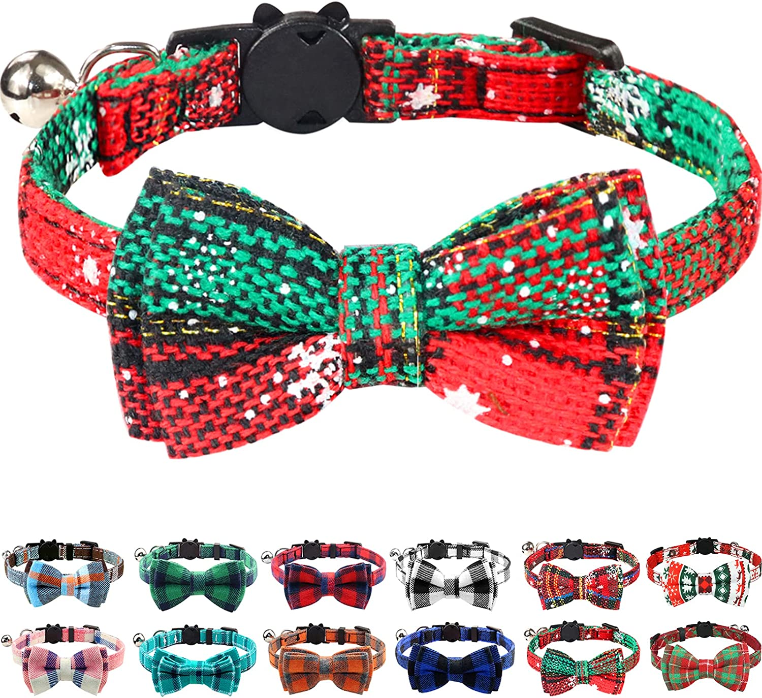 Joytale Breakaway Cat Collar with Bow Tie and Bell, Cute Plaid Patterns, 1 Pack Kitty Safety Collars,Haze Blue