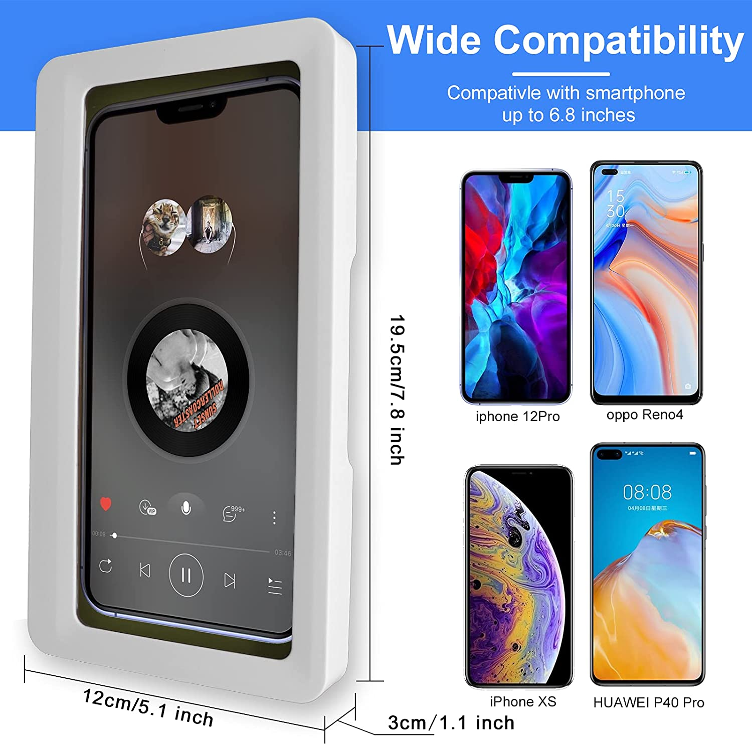 Shower Phone Holder Waterproof Mount - anti Fog High Sensitivity Touch Screen, Wall Mount Shower Phone Case for Bathroom, Compatible with under 6.8 Inch Cell Phones