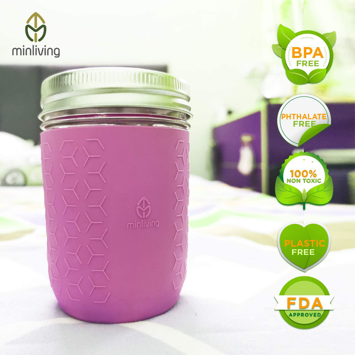 minliving Silicone Mason Jar Protector Sleeve 8oz (Half Pint) Fits Ball, Kerr Regular-Mouth Jars, Kids Cup Holder (Pink, 1) Jar not included previously known as HallGEMs