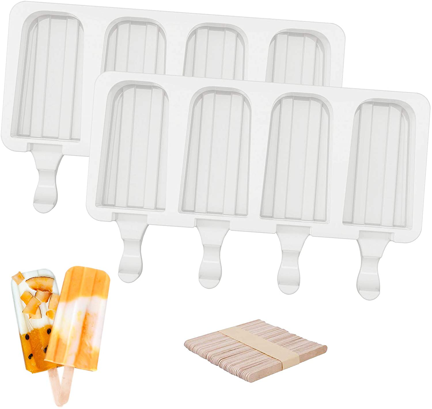 Ozera 2 Pack Popsicle Molds, 4 Cavities Homemade Silicone Popsicle Molds Easy Release Ice Pop Molds with 50 Wooden Sticks for DIY Ice Popsicle