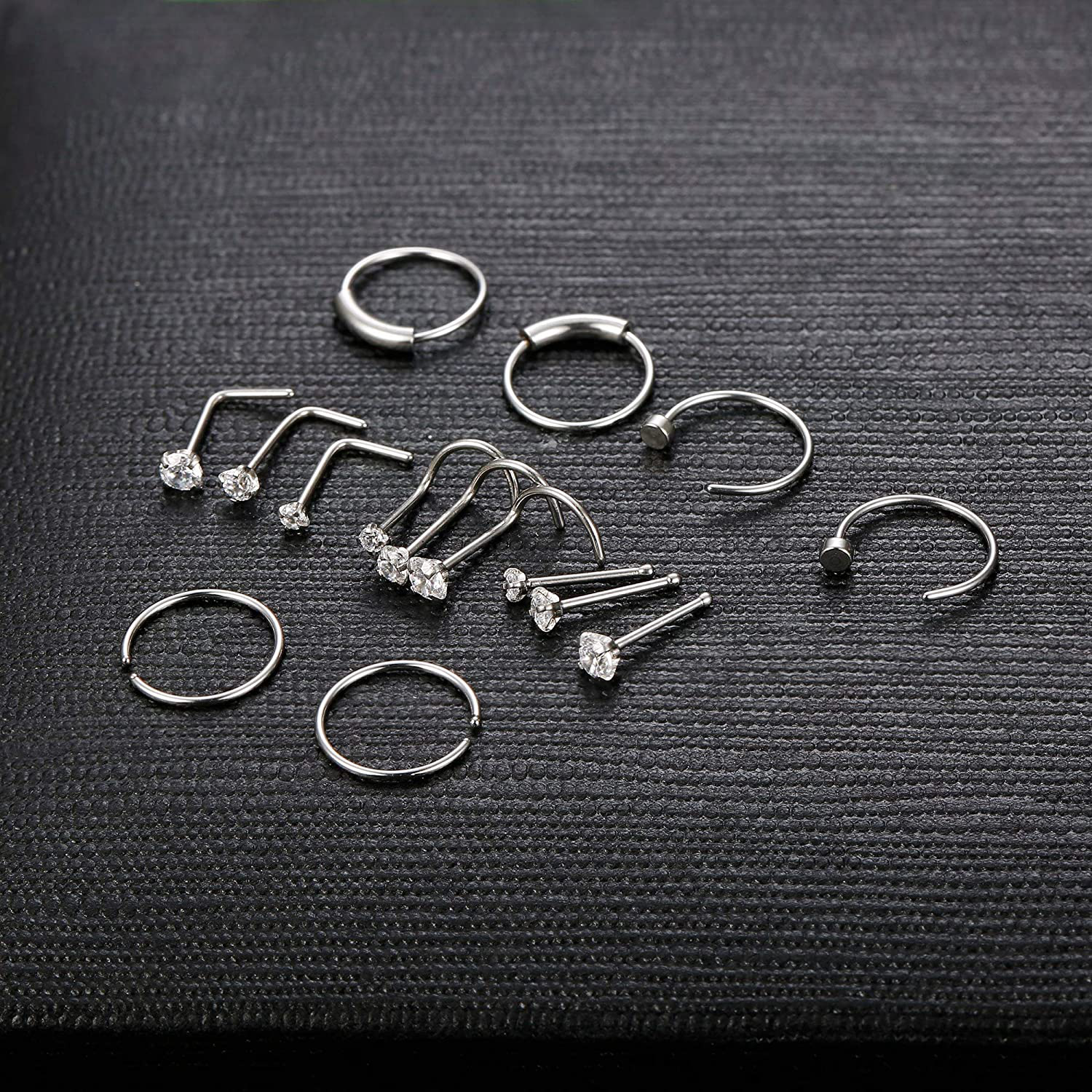 Finrezio 15PCS 22G Surgical Steel Nose Rings Hoop Studs Cartilage Earrings Body Piercing Jewelry 1.5mm 2mm 2.5mm CZ